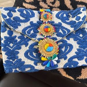 Steve Madden Blue and Cream Embroidered Clutch